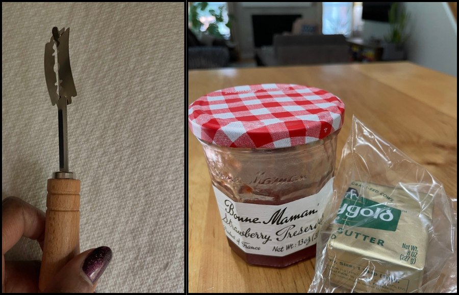 SincerelyIreneB sourdough bread scoring tool next to strawberry jam and butter