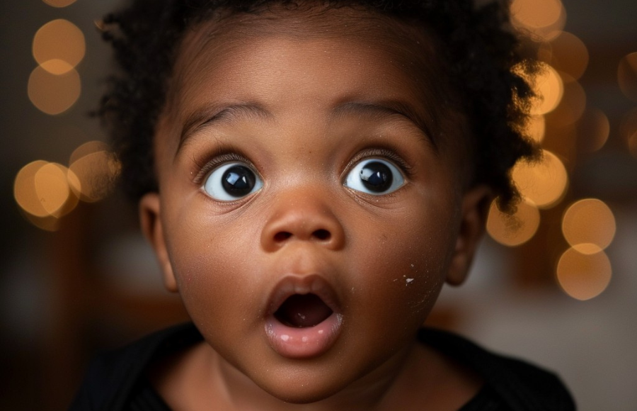 Beautiful black baby wide eyed, shocked face, blurred background