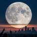 Enormous, stunning moon floating over a cityscape, hints of amber and moody blue colors with shadowy hands of people pointing to it's beauty