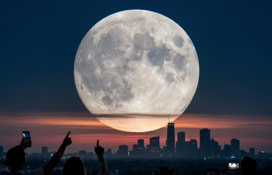 Enormous, stunning moon floating over a cityscape, hints of amber and moody blue colors with shadowy hands of people pointing to it's beauty