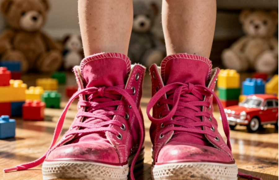 Child in oversized pink Converse style sneakers, feet/shoes view with little legs peeking out, setting around scattered toys on hardwood floor.