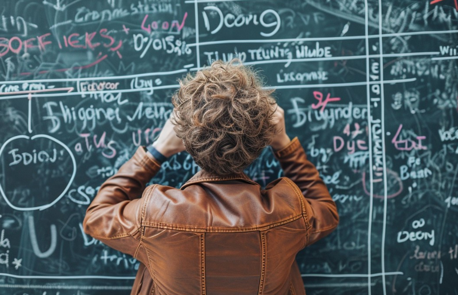 Man with dark blond messy hair, wearing a brown leather jacket, circa late 1970's or 1980s, facing a blackboard with complex problem written out in chalk.