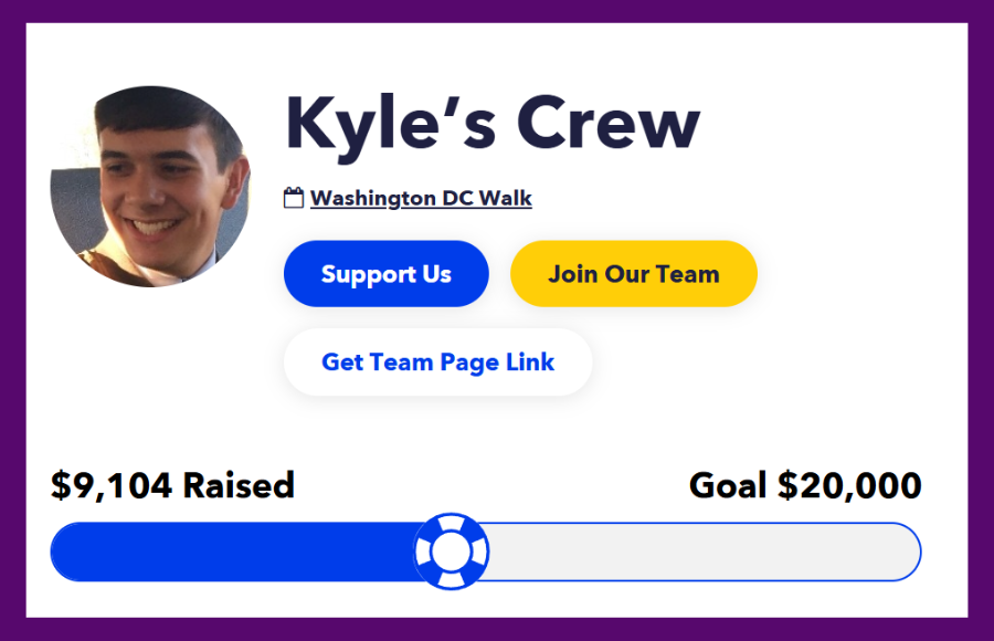 Kyle's donation banner, purple border - Kyle's Crew, ASFP.org, suicide prevention community walk, 9-26-2026.