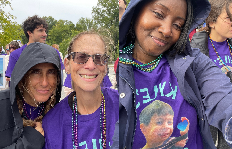 IreneB, K, and D image wearing Kyle's Crew shirts - Kyle's donation banner - Kyle's Crew, ASFP.org, suicide prevention community walk, 9-26-2026.