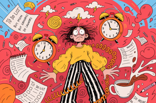 Colourful cartoon image, frazzled woman in center or notes, messages, to do lists, very busy.