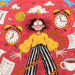 Colourful cartoon image, frazzled woman in center or notes, messages, to do lists, very busy.