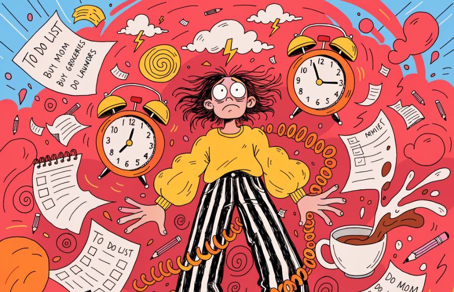 Colourful cartoon image, frazzled woman in center or notes, messages, to do lists, very busy.