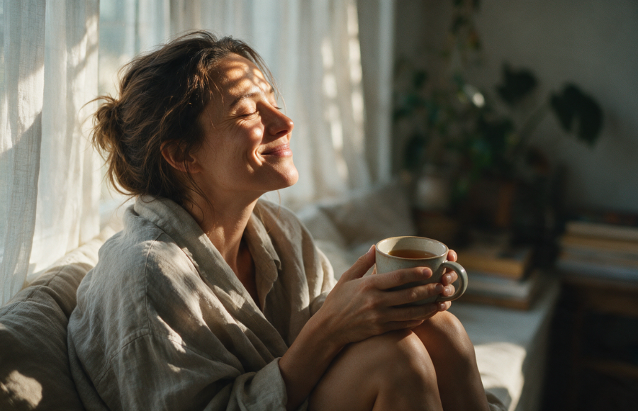 Woman in a relaxed house shirt, sitting on a coach, knees to her chest with a hot tea resting in her hands and knees, her face is smiling, taking in a wide ray of sunshine, she is content.