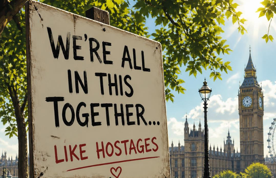 Sign on an angle, with Big Ben in the background, the sign reads: We're All In This Together Like Hostages... funny sign with a red heart at the bottom.