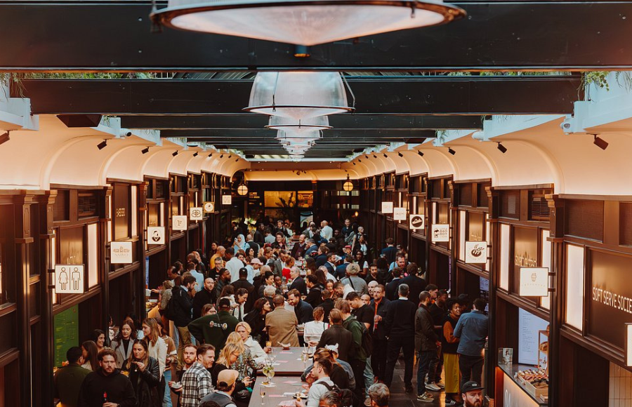 Photo - Wide shot of a down shot of The Box, food hall, Liverpool Street, London, UK.