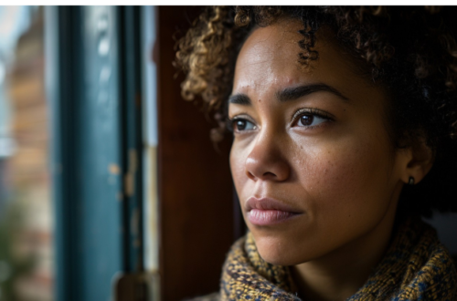 Beautiful black woman, looking out of a window, worried expression, contemplating life, choices, being misjudged.