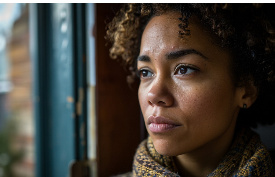 Beautiful black woman, looking out of a window, worried expression, contemplating life, choices, being misjudged.