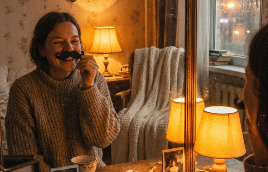 Image of a woman looking at herself in the mirror, golden hour, she's laughing and posing with a fake moustache over her lip.