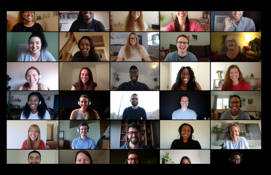 Image of a Zoom-style-conference call, approximately 30 smiling faces, colorful, but posed as it's work related.