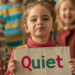 Young girl about five years old in the middle of a blurred image of her peers, she is resolute, holding a sign that reads 'Quiet'.