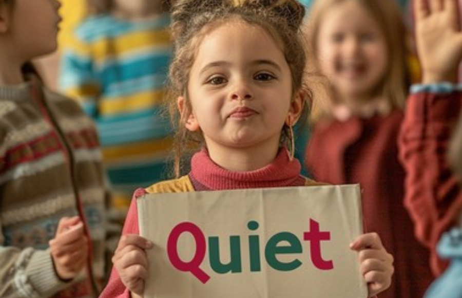 Young girl about five years old in the middle of a blurred image of her peers, she is resolute, holding a sign that reads 'Quiet'.