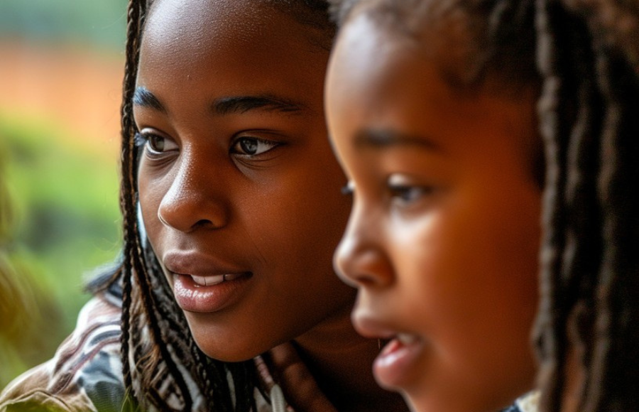 Two beautiful black girls, a close up, they appear to be engrossed in something we can't see, as if gaining advice or knowledge.