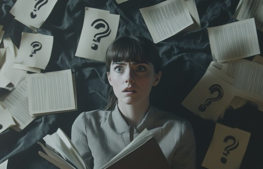 Woman appears in a 1940's style outfit and hairstyle holding an open book, in shock, surprised, surrounded by question marks on paper and random sheets of paper with words we cannot read, blurred.