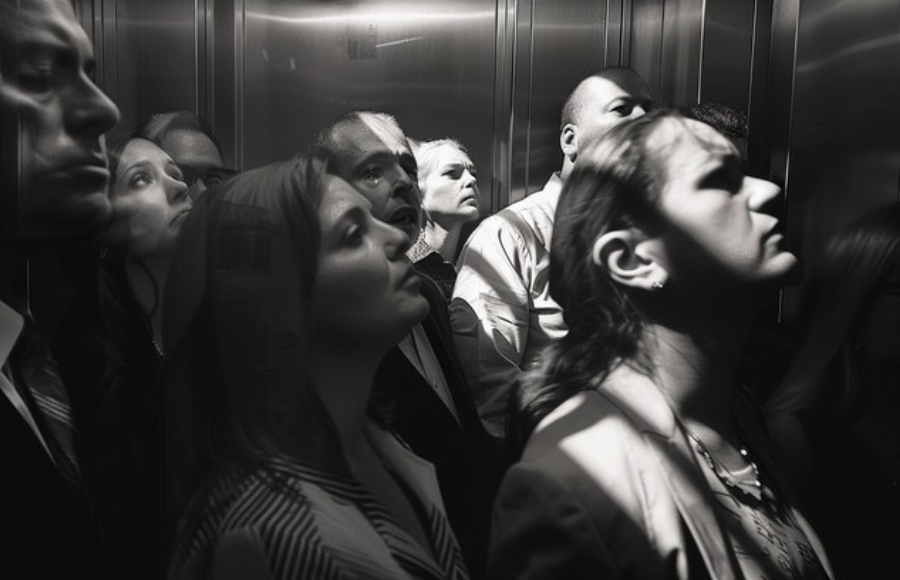 Black and white image of men and women in a life (elevator), film noir shadows, most of the people are looking in the same direction, sad, but appear to be listening, nosey or forced, maybe.
