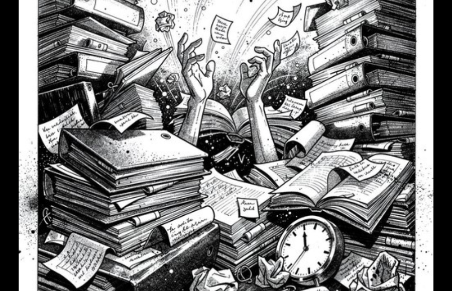 Black and white graphic, seeing arms only, a person drowning in books, papers