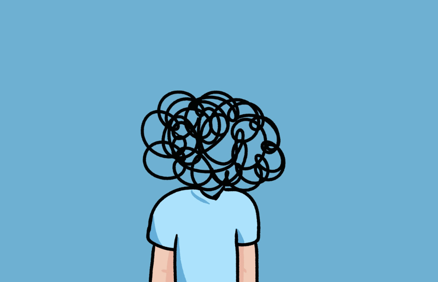 SincerelyIreneb, Vote, November midterms 2026, cartoon image of a person, against a blue background, whose head is replaced with squiggles to indicate mass confusion.